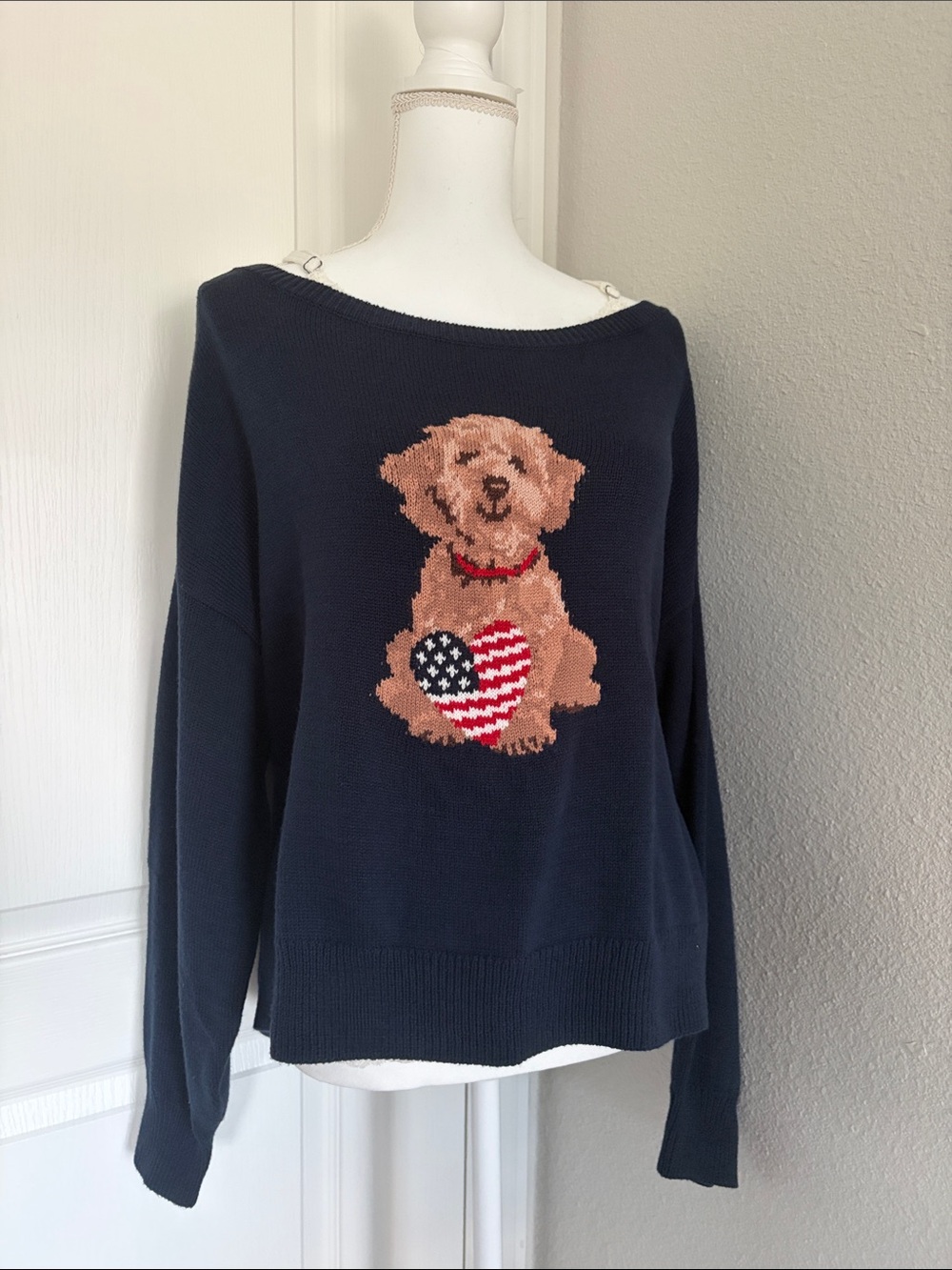 NWT Hollister Navy Crewneck Sweater with Puppy & Flag Heart